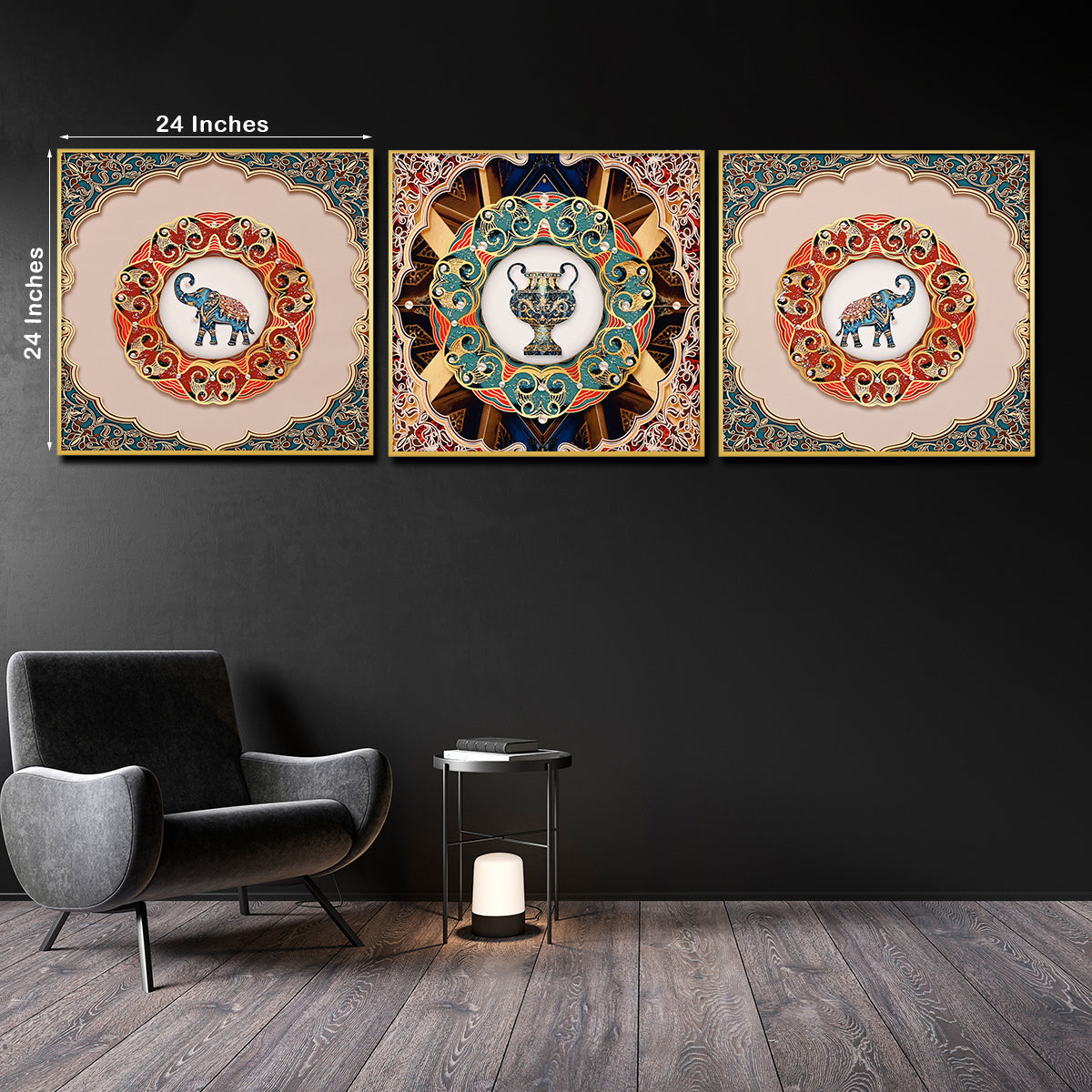 Pride of Wild Elephant Framed Crystal Glass Painting Set of 3