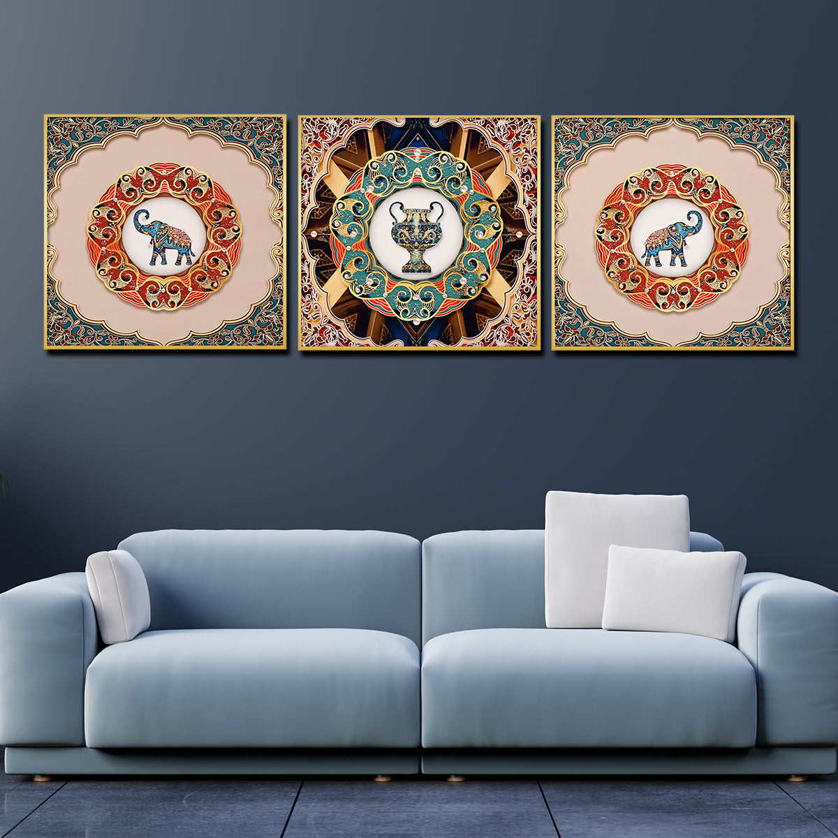 Pride of Wild Elephant Framed Crystal Glass Painting Set of 3