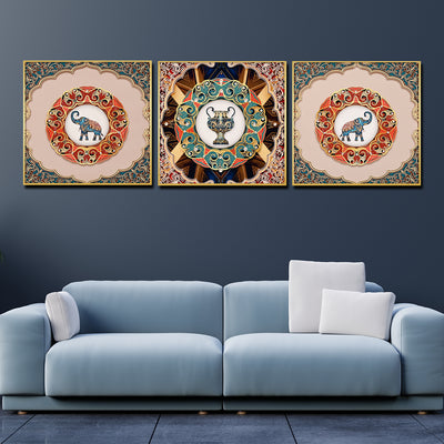 Pride of Wild Elephant Framed Crystal Glass Painting Set of 3