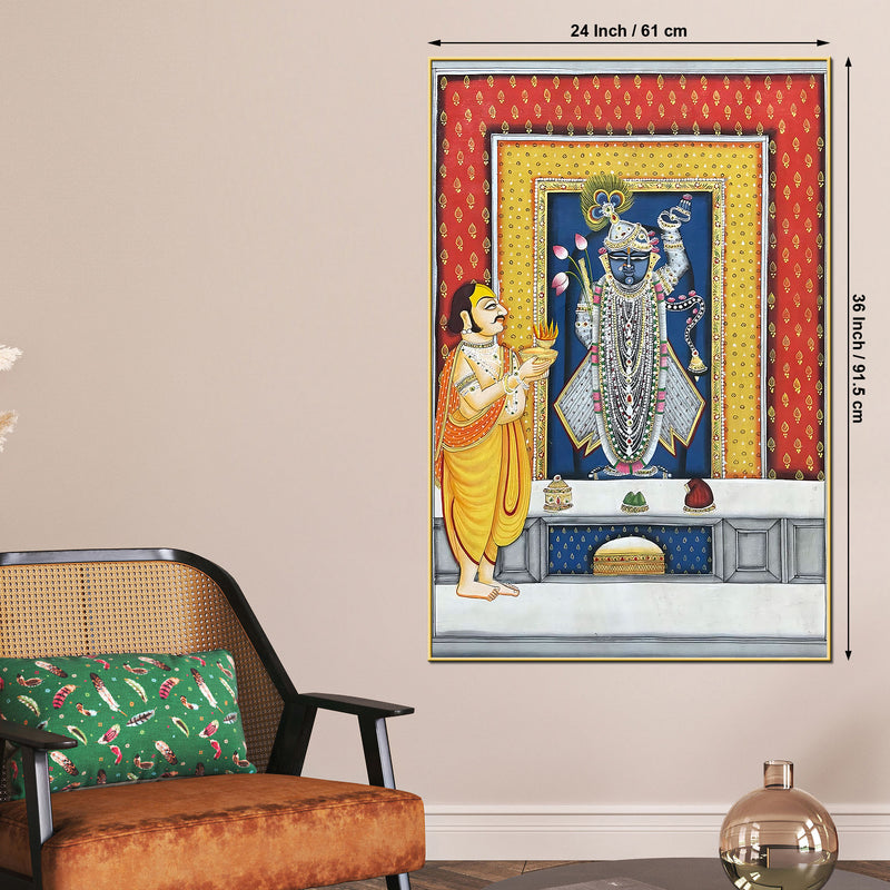 Priest Offering Prayers to Lord Shrinath Ji Pichwai Canvas Wall Painting