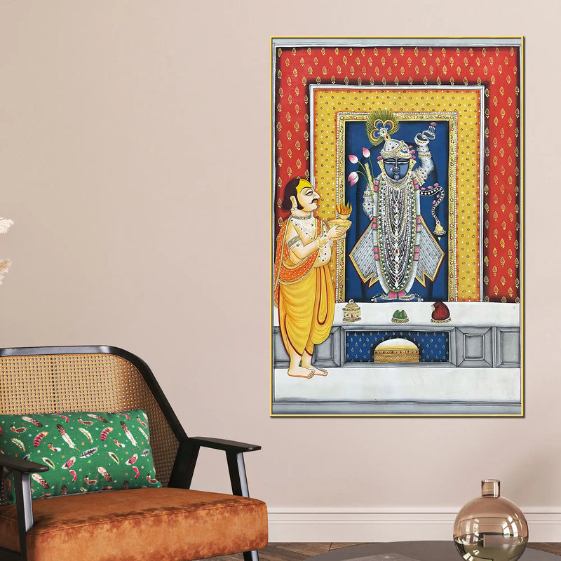 Priest Offering Prayers to Lord Shrinath Ji Pichwai Canvas Wall Painting