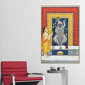 Priest Offering Prayers to Lord Shrinath Ji Pichwai Canvas Wall Painting