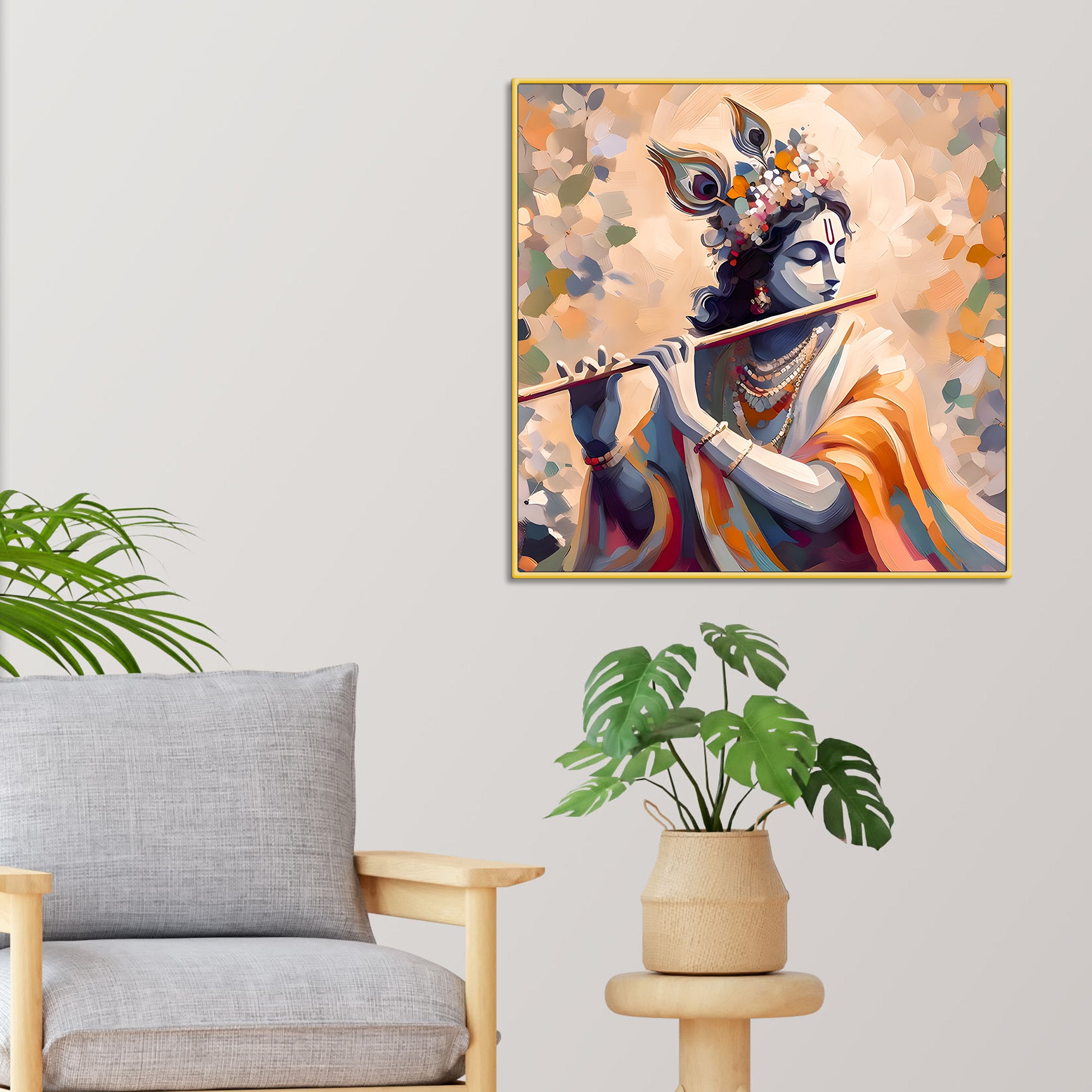 Blissful Lord Krishna Flute Melody Abstract Canvas Wall Painting