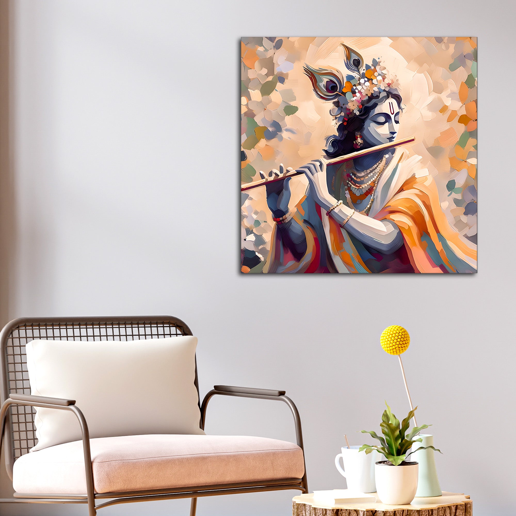 Blissful Lord Krishna Flute Melody Abstract Canvas Wall Painting
