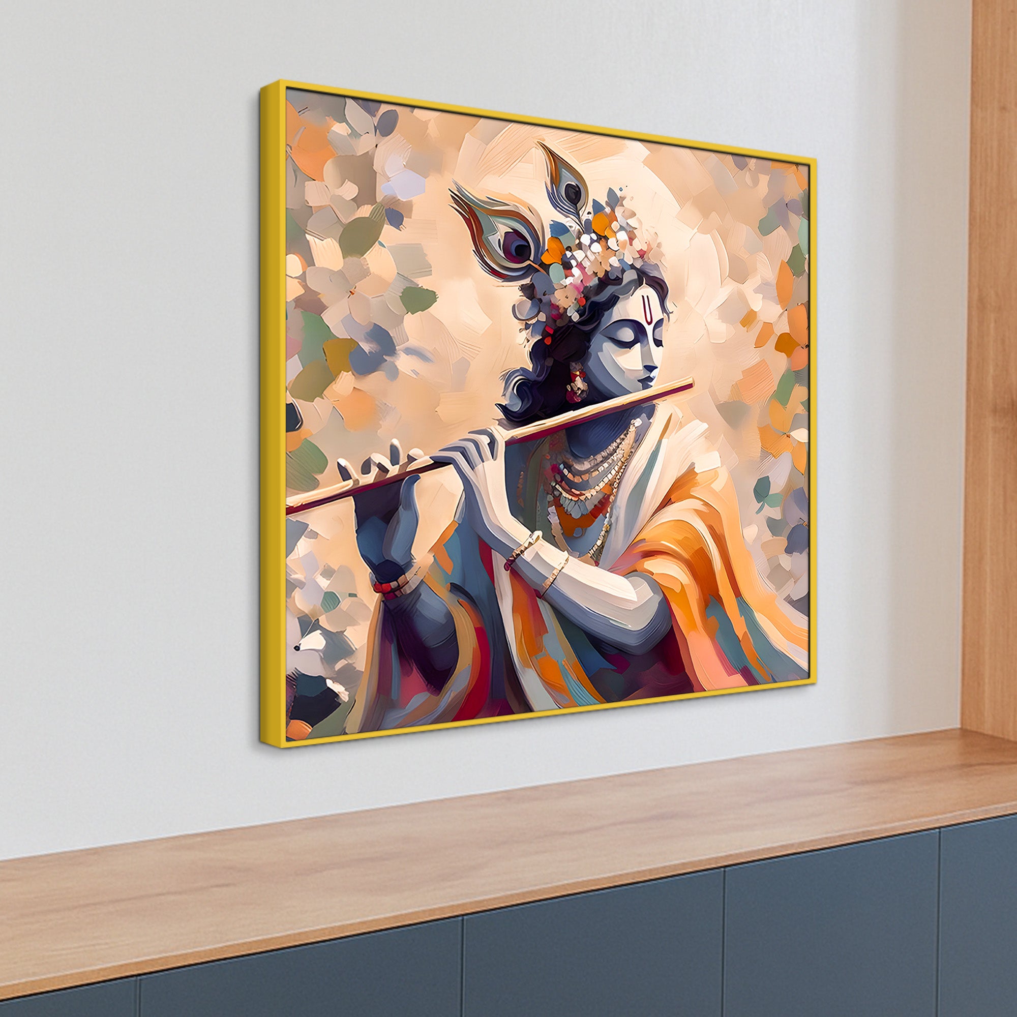 Blissful Lord Krishna Flute Melody Abstract Canvas Wall Painting