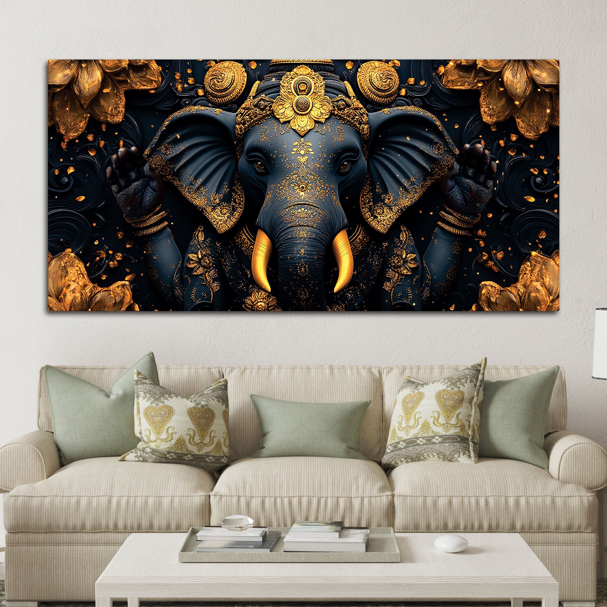 Divine Royal Black & Gold Lord Ganesha Canvas Wall Painting for Modern Home & Office Spaces