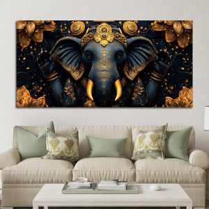 Divine Royal Black & Gold Lord Ganesha Canvas Wall Painting for Modern Home & Office Spaces