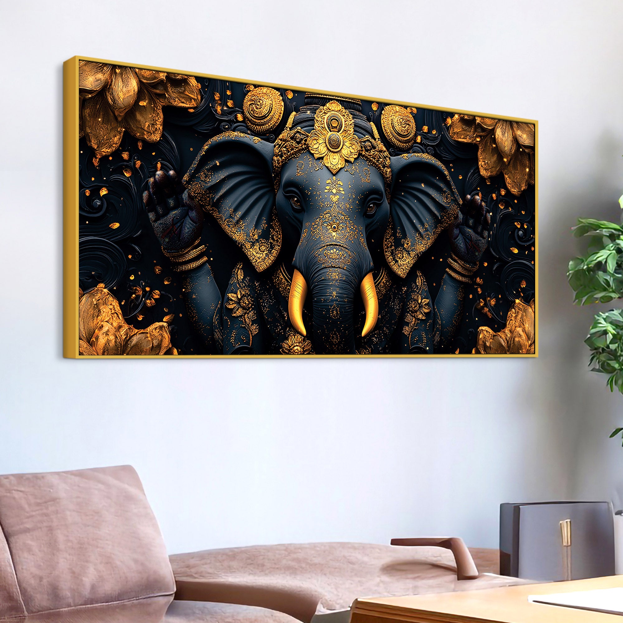 Divine Royal Black & Gold Lord Ganesha Canvas Wall Painting for Modern Home & Office Spaces