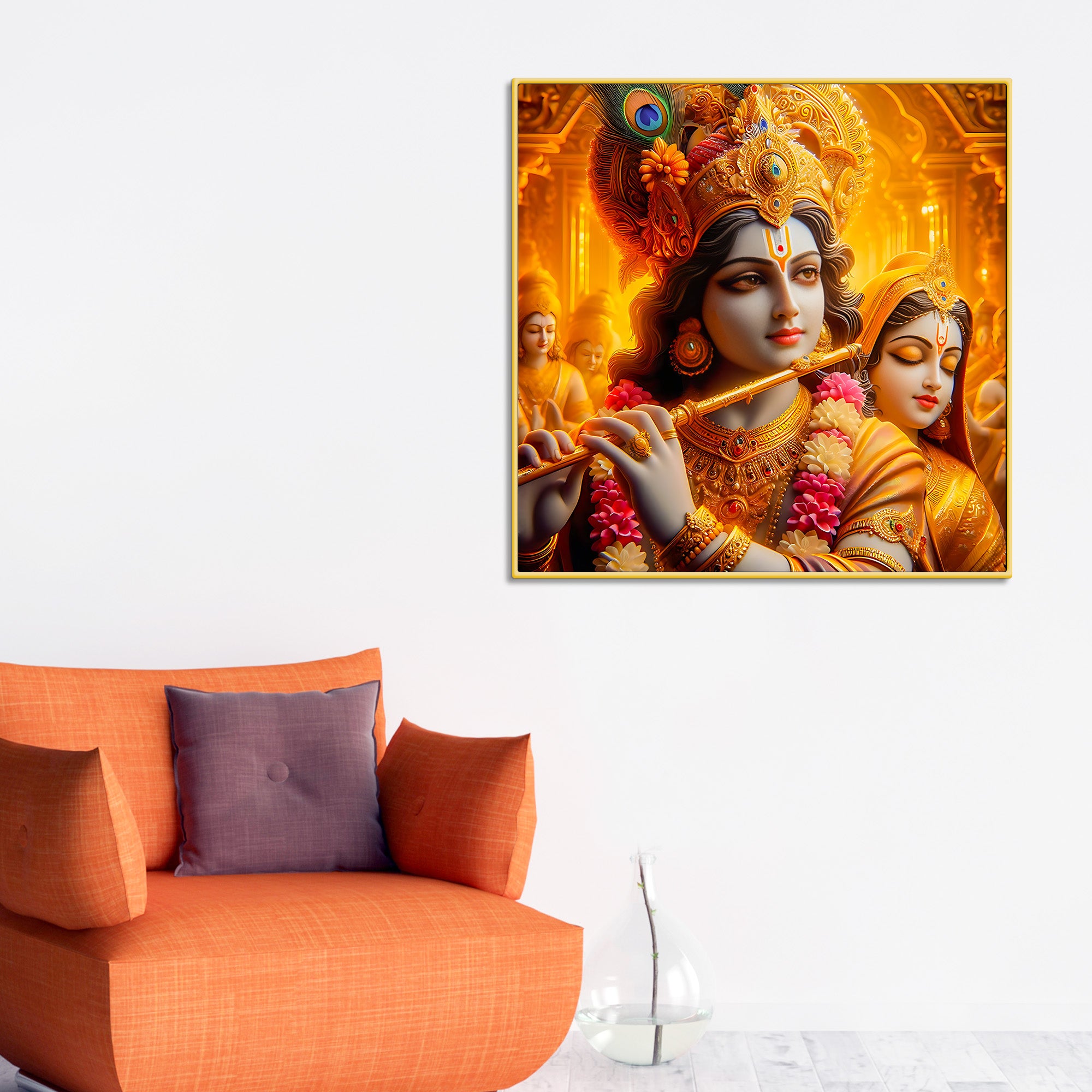 Majestic Shri Krishna Radha Playing Flute Canvas Wall Painting