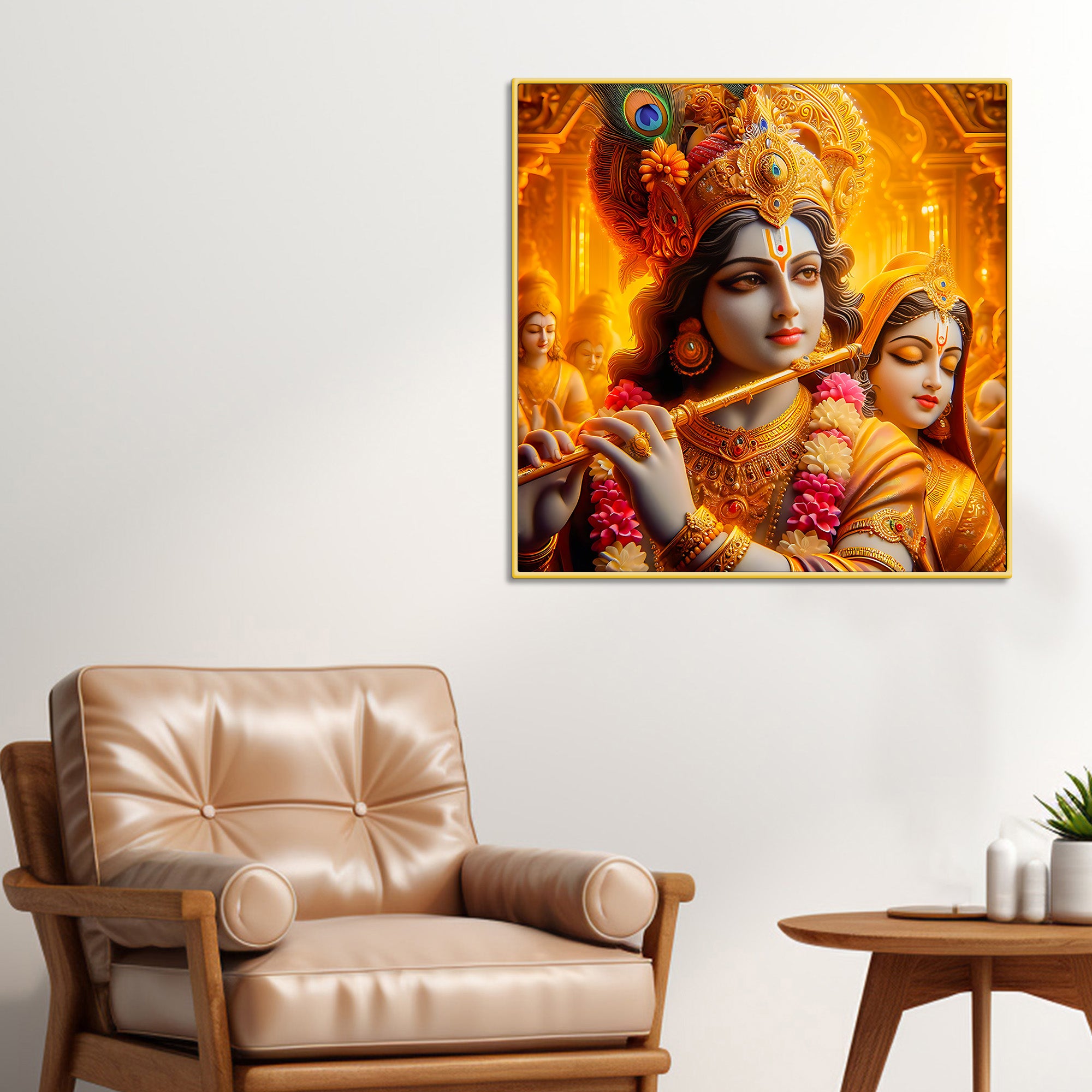 Majestic Shri Krishna Radha Playing Flute Canvas Wall Painting