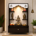 Modern Wooden Floor Pooja Mandir in Dark Finish with Open Shelves Om Engraving & Pull-Out Storage Drawer