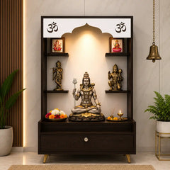 Modern Wooden Floor Pooja Mandir in Dark Finish with Open Shelves Om Engraving & Pull-Out Storage Drawer