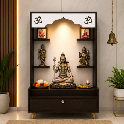 Modern Wooden Floor Pooja Mandir in Dark Finish with Open Shelves Om Engraving & Pull-Out Storage Drawer