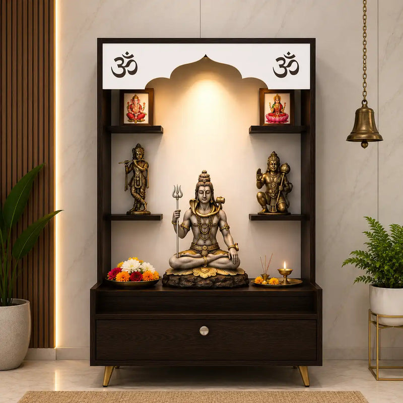 Modern Wooden Floor Pooja Mandir in Dark Finish with Open Shelves Om Engraving & Pull-Out Storage Drawer