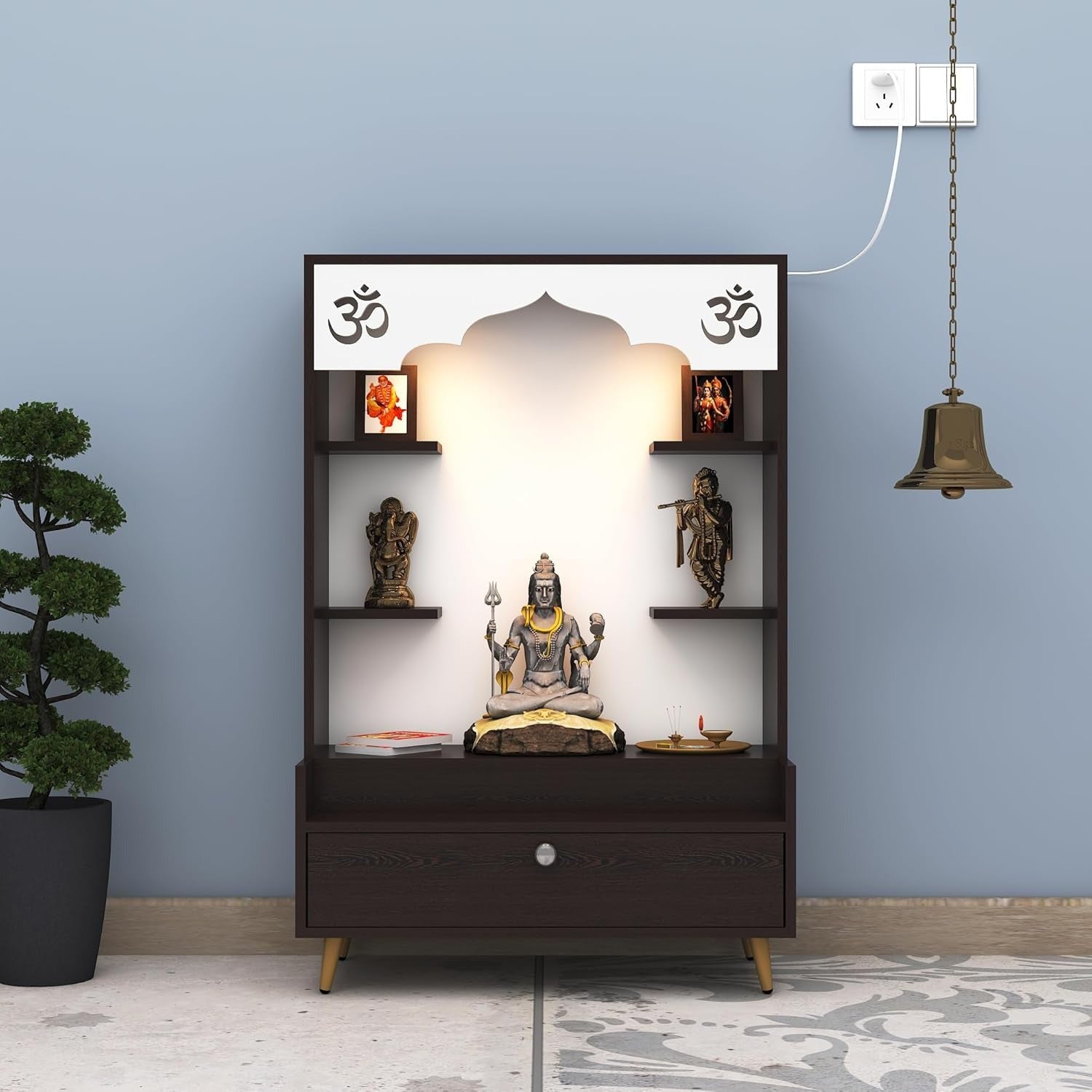 Modern Wooden Floor Pooja Mandir in Dark Finish with Open Shelves Om Engraving & Pull-Out Storage Drawer