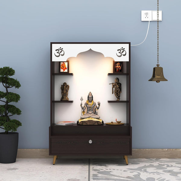 Modern Wooden Floor Pooja Mandir in Dark Finish with Open Shelves Om Engraving & Pull-Out Storage Drawer