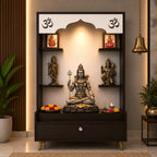 Modern Wooden Floor Pooja Mandir in Dark Finish with Open Shelves Om Engraving & Pull-Out Storage Drawer