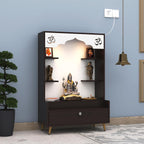 Modern Wooden Floor Pooja Mandir in Dark Finish with Open Shelves Om Engraving & Pull-Out Storage Drawer