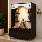 Modern Wooden Floor Pooja Mandir in Dark Finish with Open Shelves Om Engraving & Pull-Out Storage Drawer