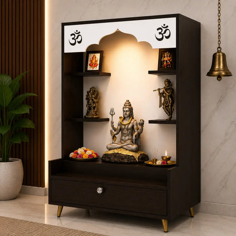 Modern Wooden Floor Pooja Mandir in Dark Finish with Open Shelves Om Engraving & Pull-Out Storage Drawer