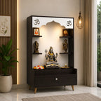 Modern Wooden Floor Pooja Mandir in Dark Finish with Open Shelves Om Engraving & Pull-Out Storage Drawer