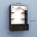Modern Wooden Floor Pooja Mandir in Dark Finish with Open Shelves Om Engraving & Pull-Out Storage Drawer