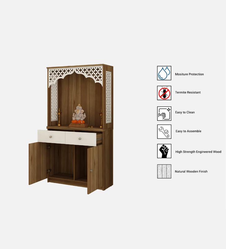 Stylish White Arch Design Wooden Floor Temple with Drawer & Storage Cabinet for Home & Office Space