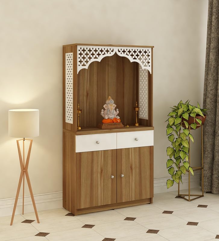 Stylish White Arch Design Wooden Floor Temple with Drawer & Storage Cabinet for Home & Office Space