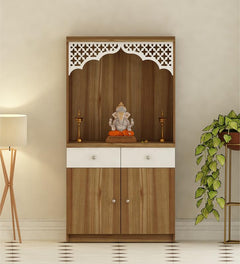 Stylish White Arch Design Wooden Floor Temple with Drawer & Storage Cabinet for Home & Office Space