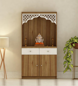 Stylish White Arch Design Wooden Floor Temple with Drawer & Storage Cabinet for Home & Office Space