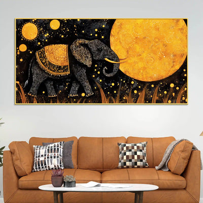 psychedelic-black-elephant-walking-under-golden-full-moon-canvas-wall-painting