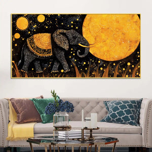 Psychedelic Black Elephant Walking Under Golden Full Moon Canvas Wall Painting