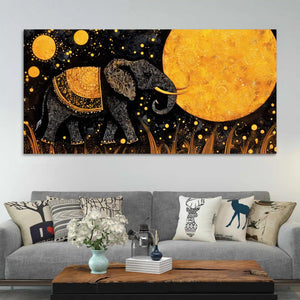 Psychedelic Black Elephant Walking Under Golden Full Moon Canvas Wall Painting