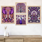 Purple Elephant & Peacock Floral Art Wall Frame Set of Four