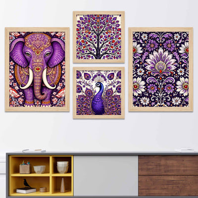 Purple Elephant & Peacock Floral Art Wall Frame Set of Four