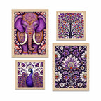 Purple Elephant & Peacock Floral Art Wall Frame Set of Four