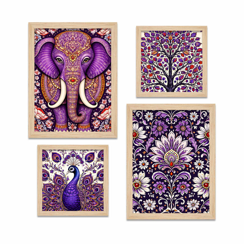 Purple Elephant & Peacock Floral Art Wall Frame Set of Four