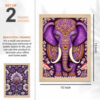 Purple Elephant & Peacock Floral Art Wall Frame Set of Four