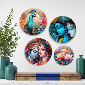 Radha Krishna and Peacock Wall Plates Painting Set of Four