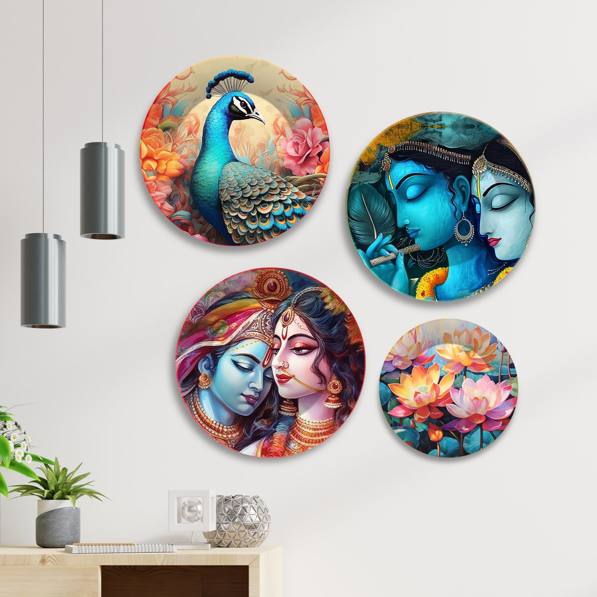 Radha Krishna and Peacock Wall Plates Painting Set of Four