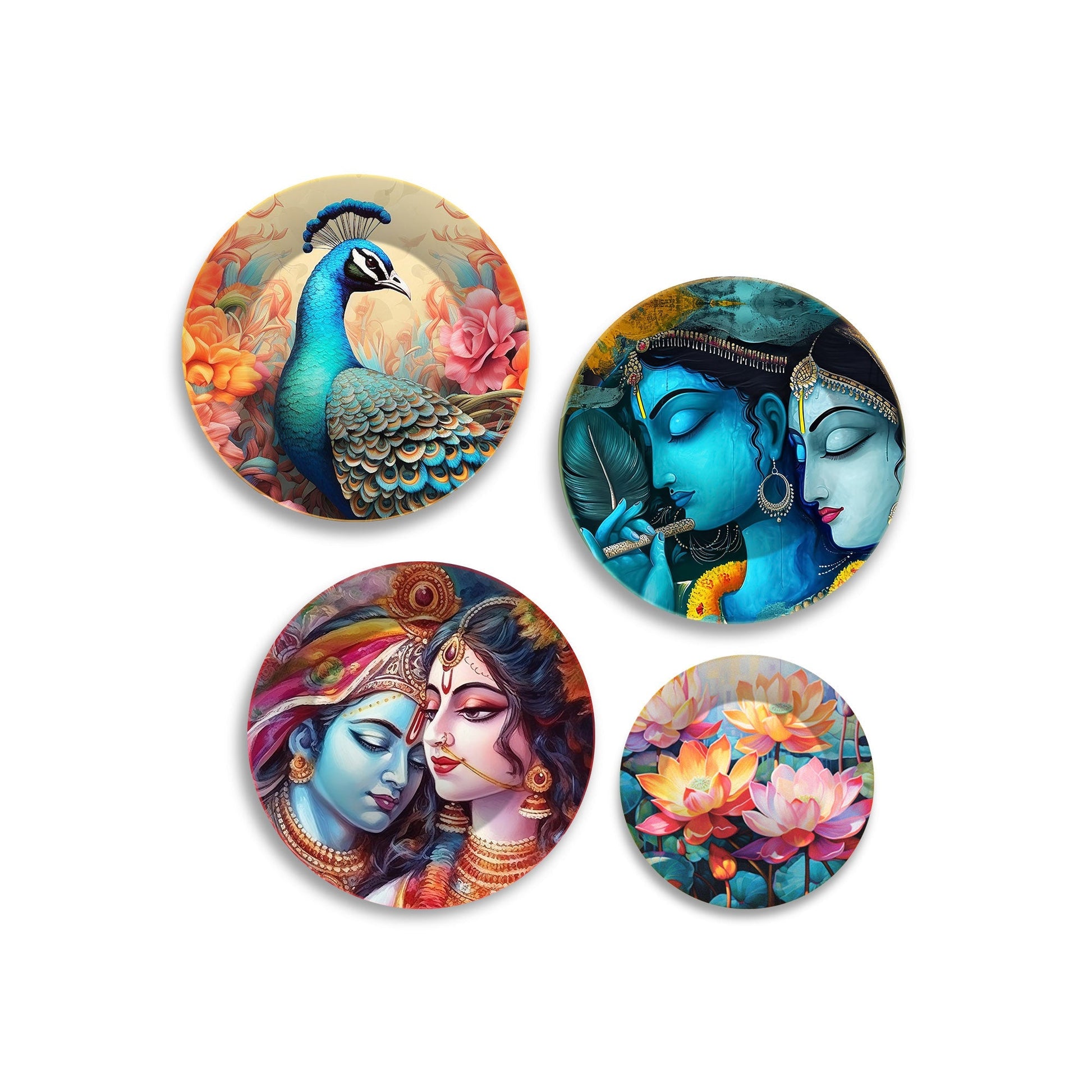 Radha Krishna and Peacock Wall Plates Painting Set of Four