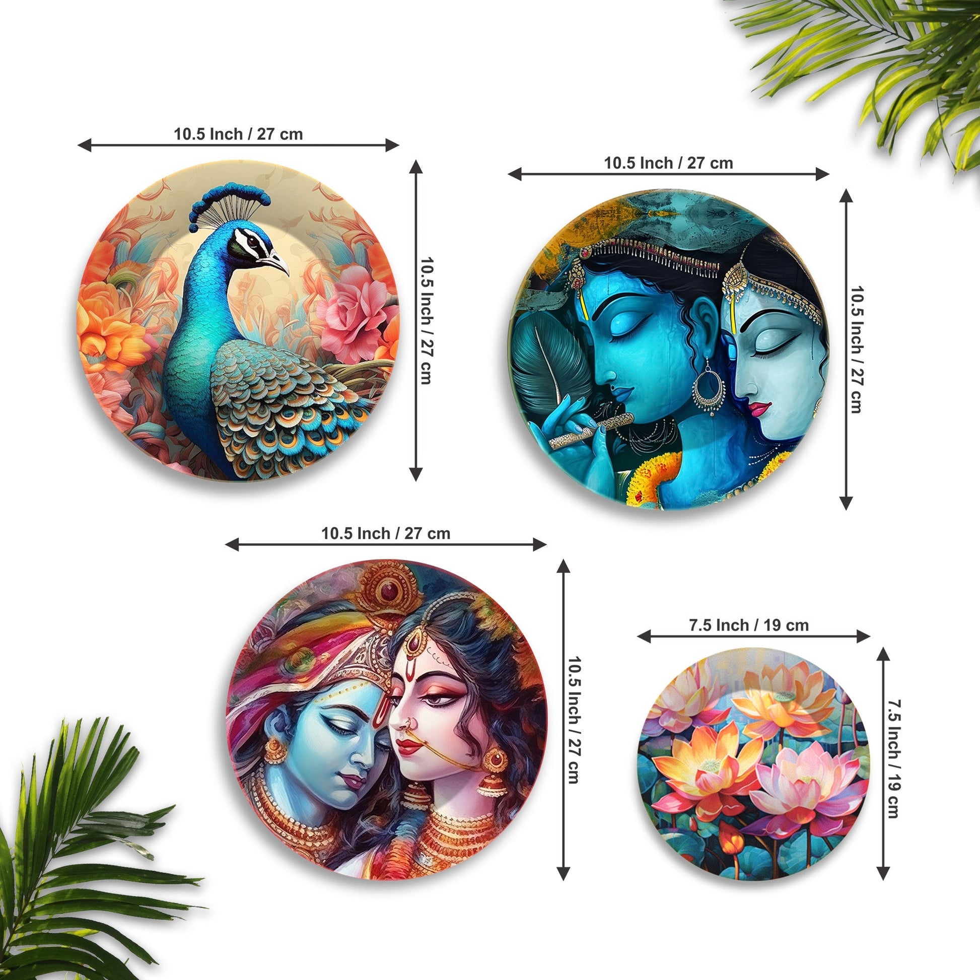 Radha Krishna and Peacock Wall Plates Painting Set of Four