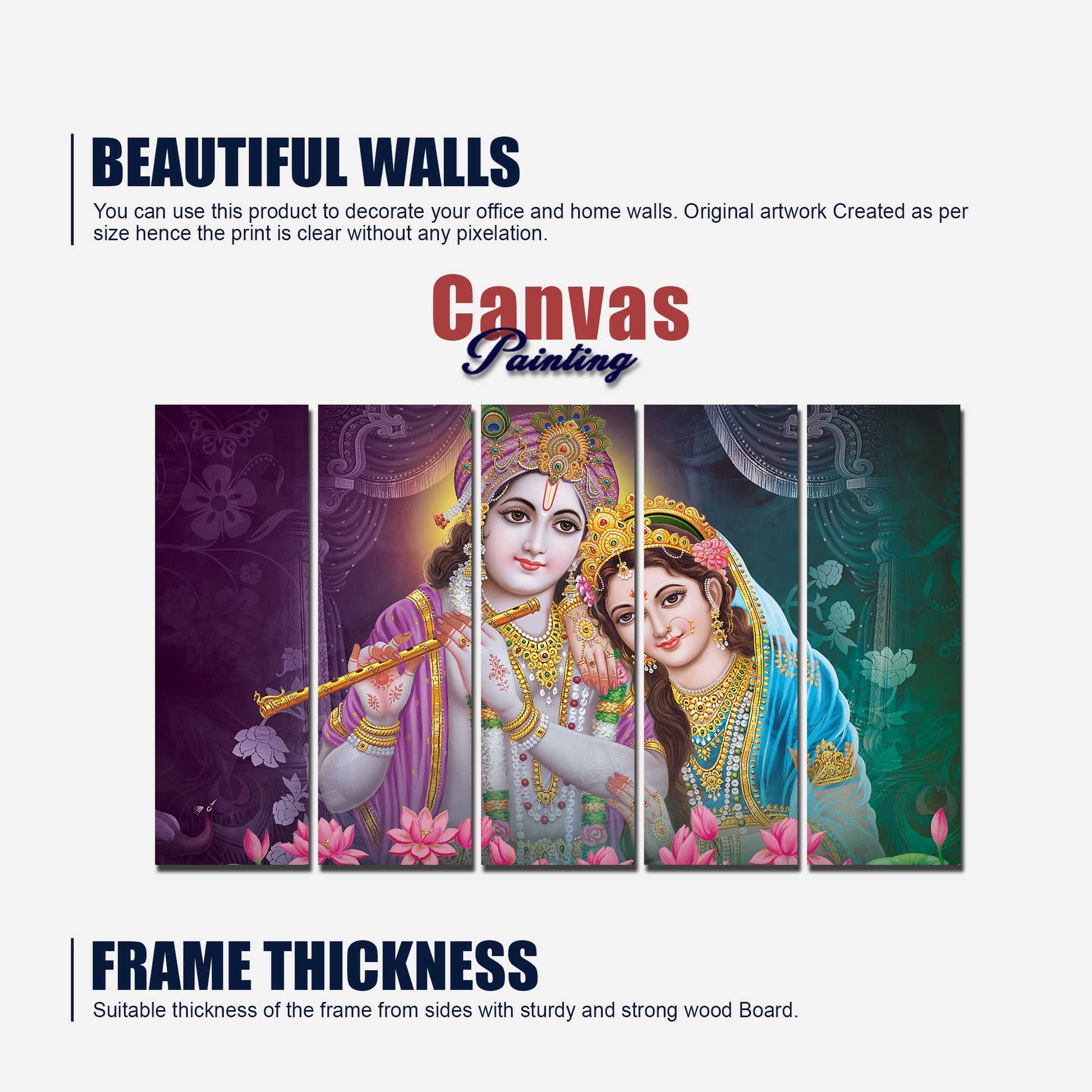 Radha Krishna Canvas Religious Wall Painting Set of 5