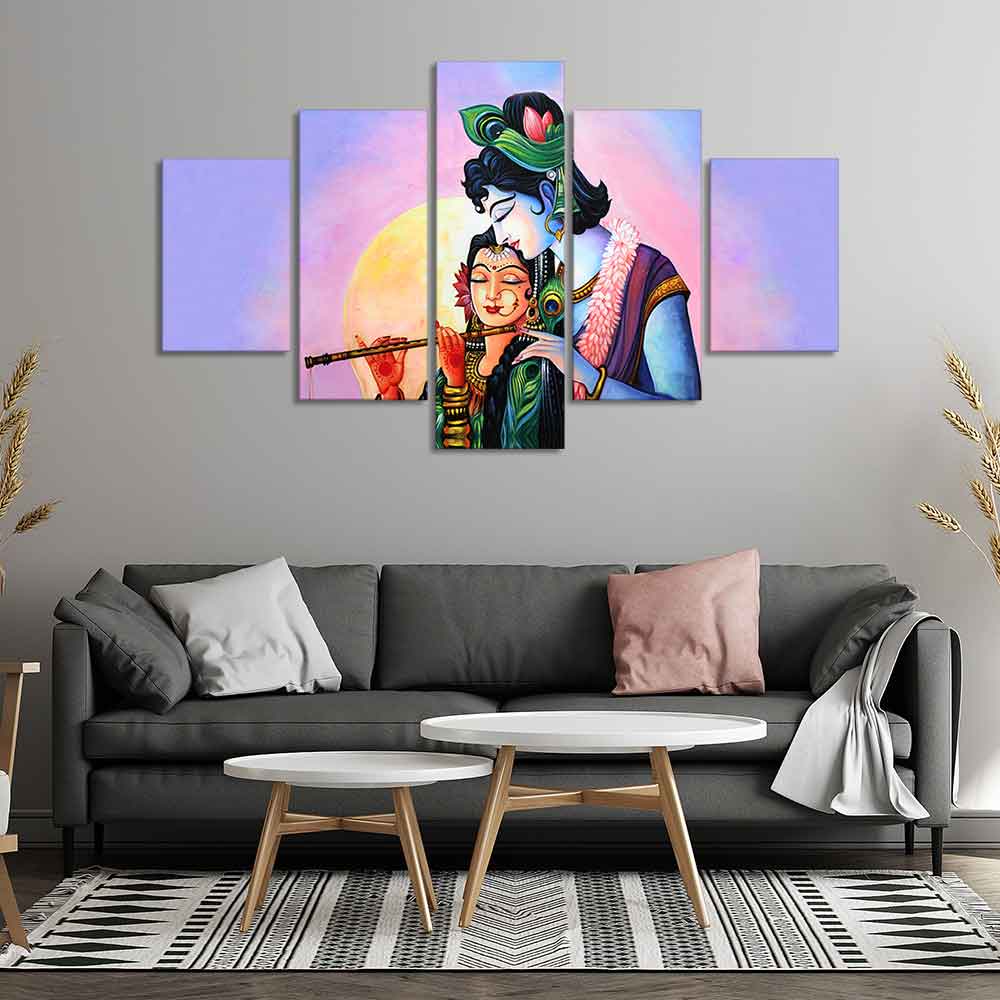 Radha Krishna Canvas Wall Painting Set of Five Panels