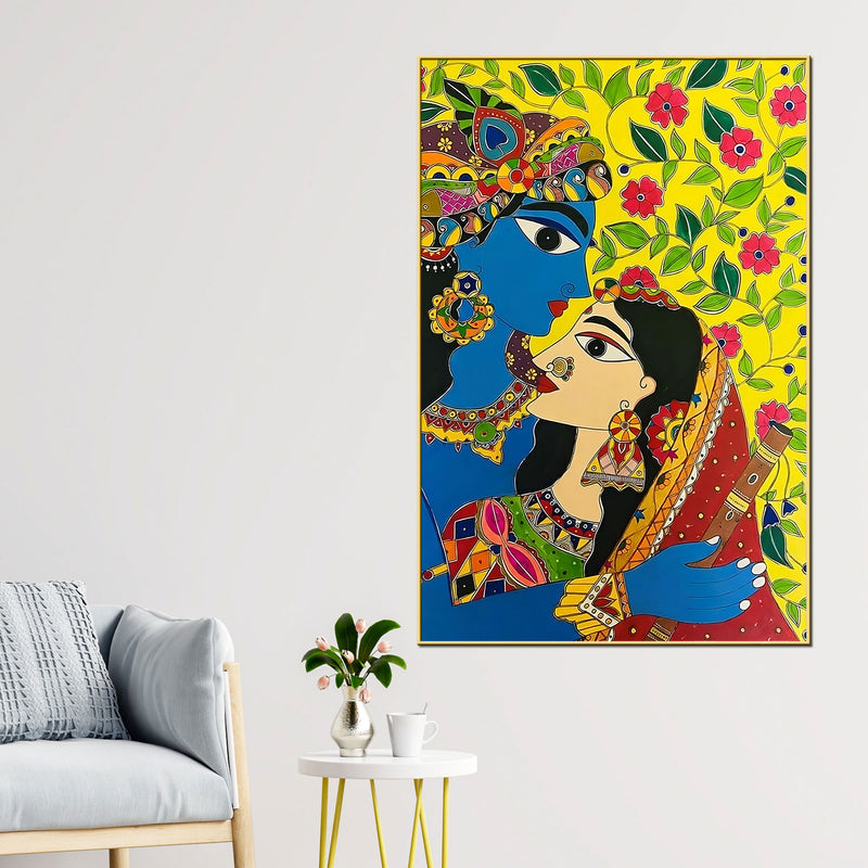 Radha Krishna Colorful Madhubani Canvas Painting