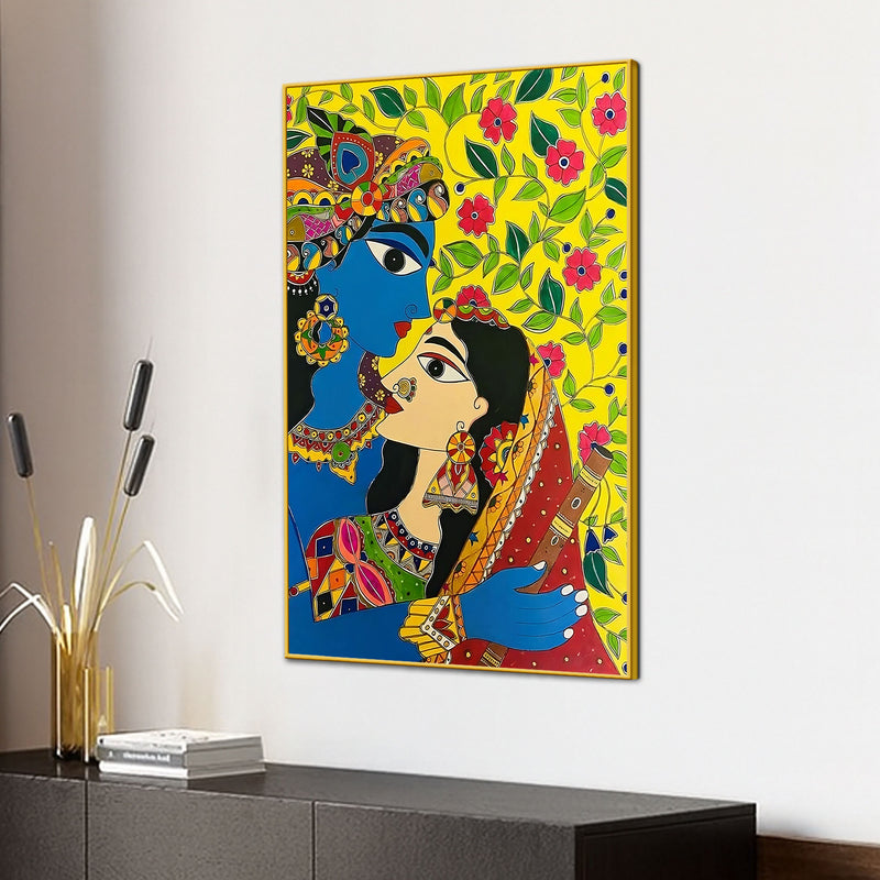 Radha Krishna Colorful Madhubani Canvas Painting