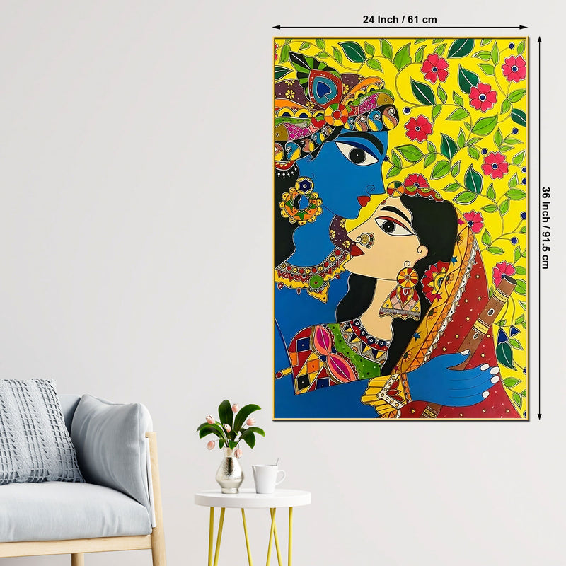 Radha Krishna Colorful Madhubani Canvas Painting