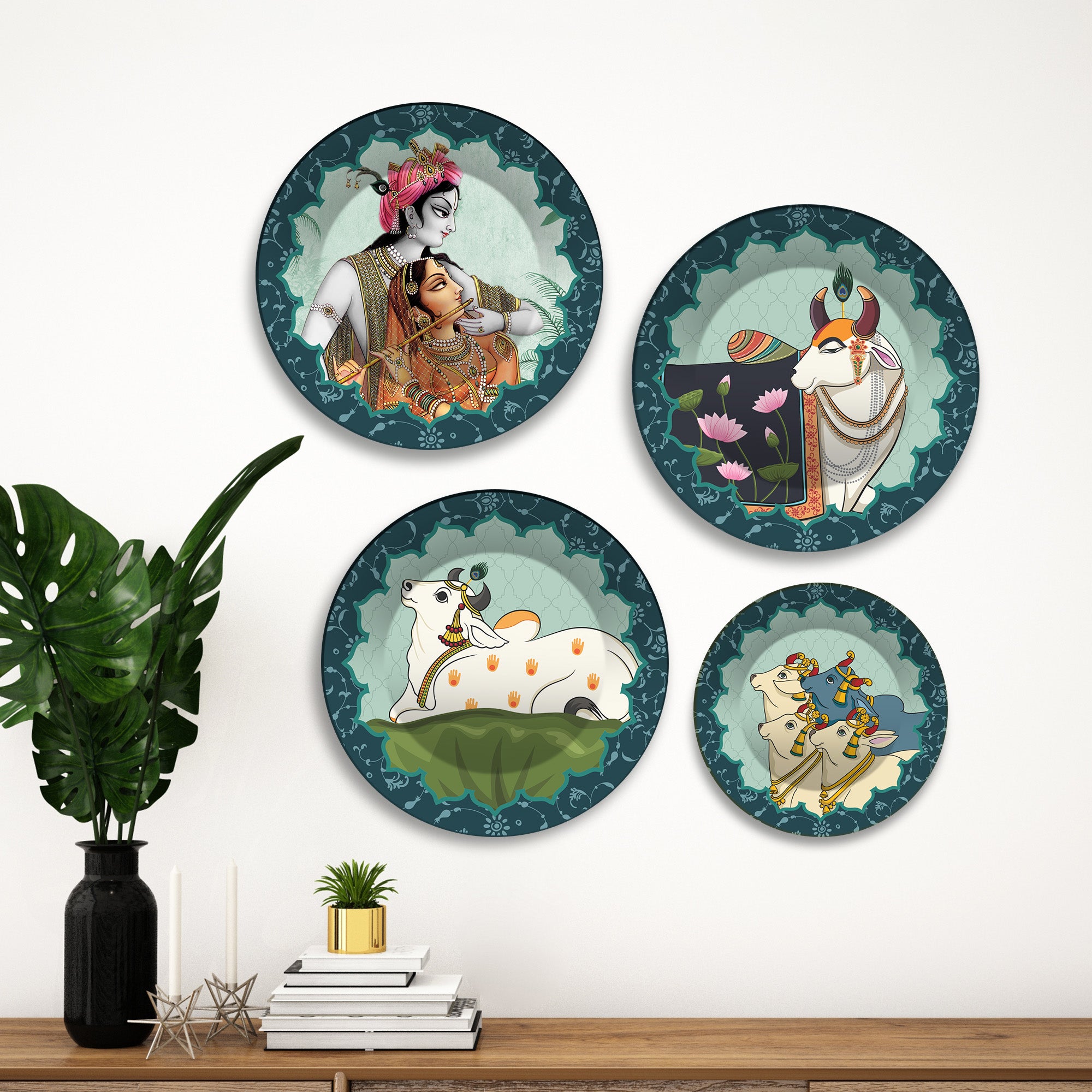 Radha Krishna & Cow Hindu Premium Wall Plates Painting Set of Four