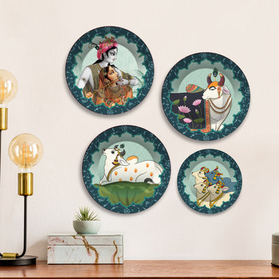 Radha Krishna & Cow Hindu Premium Wall Plates Painting Set of Four