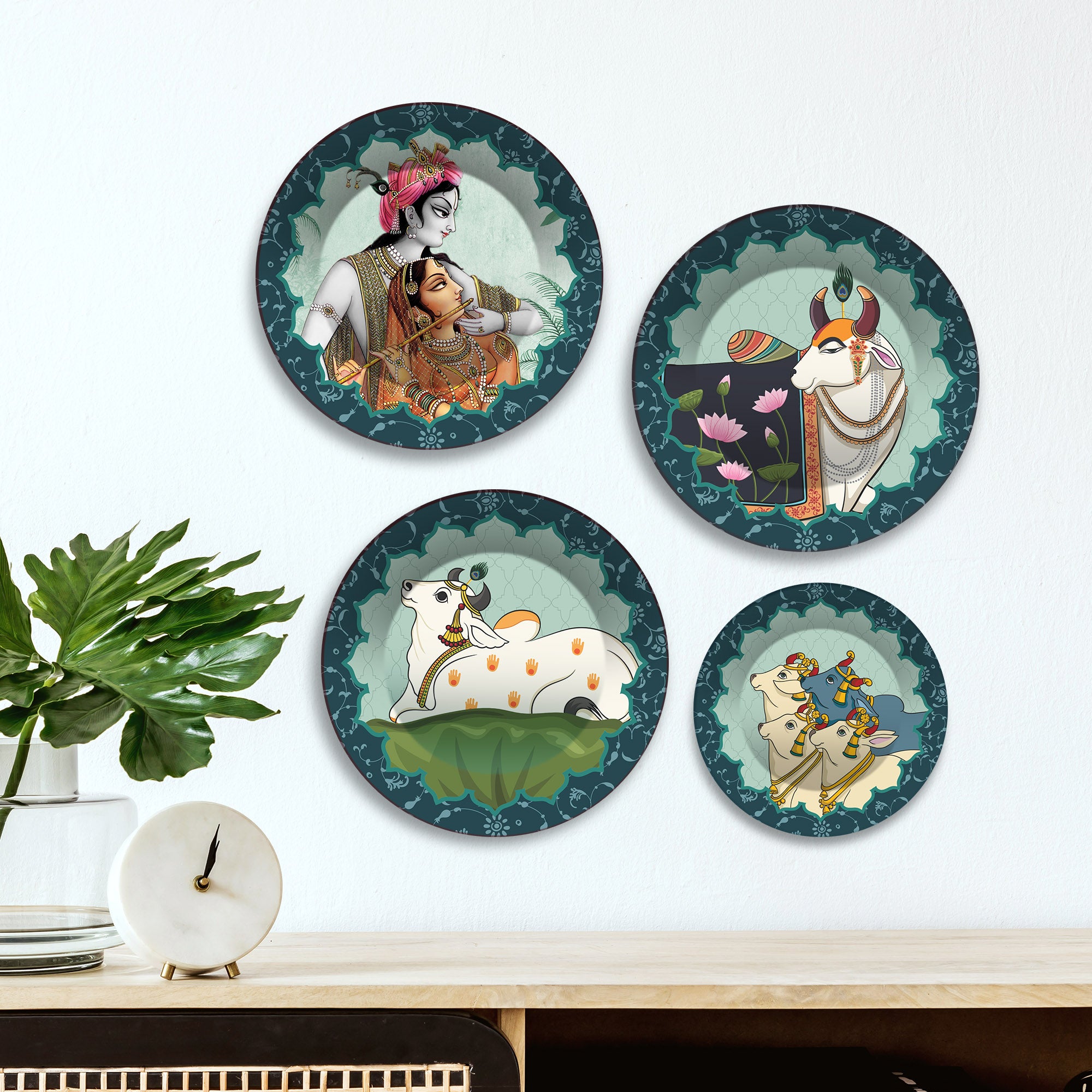 Radha Krishna & Cow Hindu Premium Wall Plates Painting Set of Four